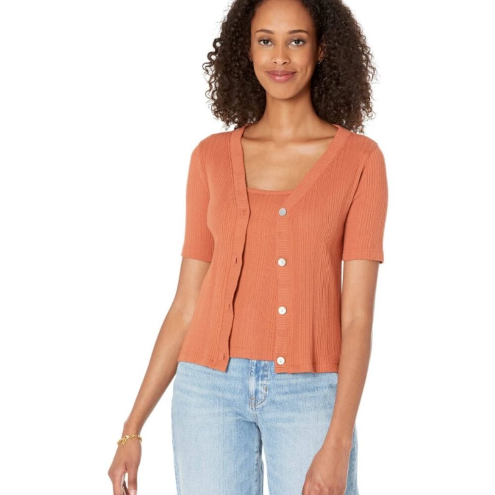 Madewell Pointelle Cardigan Twin Set Sz Medium Rust Orange Short Sleeve Sweater